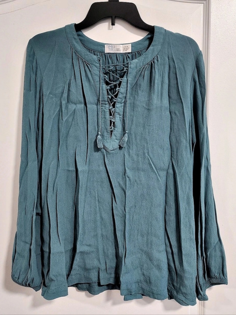 Time and Tru Lace-Up Blouse in Blue Size Large